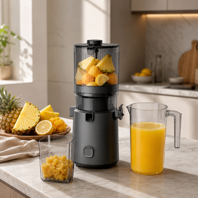 Máy ép chậm Fresh Smart HJ303 Cửa nạp siêu rộng – Biến mỗi ly nước ép thành một bữa tiệc trái cây nguyên chất với ống nạp 155mm, phễu chứa 2400ml, ép lạnh 200W & tự làm sạch